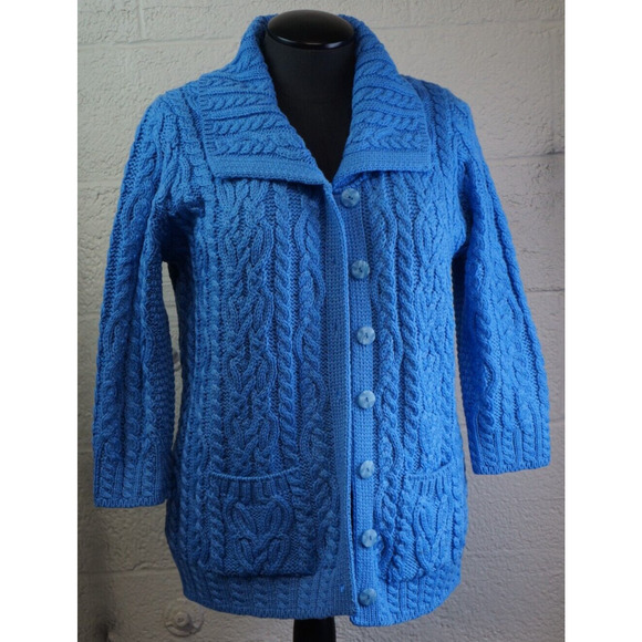 Aran Craft Blue Wool Button Front Cardigan Sweater w/ Pockets New Size L - Picture 3 of 11